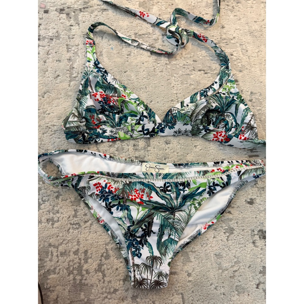 Jessica Simpson Tropical Palm Floral Halter Bikini Set Green White XL